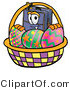 Illustration of a Cartoon Suitcase Mascot in an Easter Basket Full of Decorated Easter Eggs by Mascot Junction