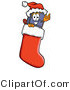 Illustration of a Cartoon Suitcase Mascot Wearing a Santa Hat Inside a Red Christmas Stocking by Mascot Junction