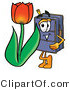 Illustration of a Cartoon Suitcase Mascot with a Red Tulip Flower in the Spring by Mascot Junction