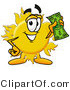 Illustration of a Cartoon Sun Mascot Holding a Dollar Bill by Mascot Junction