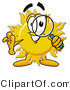 Illustration of a Cartoon Sun Mascot Looking Through a Magnifying Glass by Mascot Junction