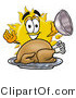 Illustration of a Cartoon Sun Mascot Serving a Thanksgiving Turkey on a Platter by Mascot Junction