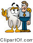 Illustration of a Cartoon Tooth Mascot Talking to a Business Man by Mascot Junction