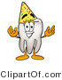 Illustration of a Cartoon Tooth Mascot Wearing a Birthday Party Hat by Mascot Junction