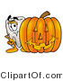 Illustration of a Cartoon Tooth Mascot with a Carved Halloween Pumpkin by Mascot Junction