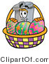 Illustration of a Cartoon Trash Can Mascot in an Easter Basket Full of Decorated Easter Eggs by Mascot Junction