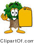 Illustration of a Cartoon Tree Mascot Holding a Yellow Sales Price Tag by Mascot Junction
