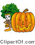 Illustration of a Cartoon Tree Mascot with a Carved Halloween Pumpkin by Mascot Junction