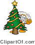 Illustration of a Chef Hat Mascot Waving and Standing by a Decorated Christmas Tree by Mascot Junction