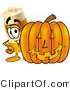 Illustration of a Construction Safety Barrel Mascot with a Carved Halloween Pumpkin by Mascot Junction