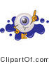 Illustration of a Eyeball Mascot Pointing Upwards and Standing in Front of a Blue Paint Splatter on a Logo by Mascot Junction