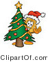Illustration of a Police Badge Mascot Waving and Standing by a Decorated Christmas Tree by Mascot Junction