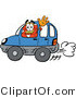 Illustration of a Red Cartoon Telephone Mascot Driving a Blue Car and Waving by Mascot Junction