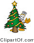 Illustration of a Science Beaker Mascot Waving and Standing by a Decorated Christmas Tree by Mascot Junction
