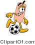 Illustration of an Adhesive Bandage Mascot Kicking a Soccer Ball by Mascot Junction