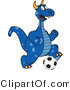 Vector Illustration of a Blue Cartoon Dragon Mascot Playing Soccer by Mascot Junction