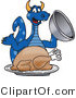 Vector Illustration of a Blue Cartoon Dragon Mascot with a Thanksgiving Turkey by Mascot Junction