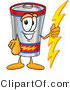 Vector Illustration of a Cartoon Battery Mascot Holding a Bolt of Energy and Pointing at the Viewer by Toons4Biz