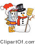 Vector Illustration of a Cartoon Battery Mascot Wearing a Santa Hat and Posing with a Snowman on Christmas by Mascot Junction