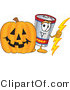 Vector Illustration of a Cartoon Battery Mascot with a Carved Halloween Pumpkin by Mascot Junction