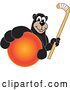 Vector Illustration of a Cartoon Black Bear School Mascot Grabbing a Ball and Holding a Hockey Stick by Mascot Junction