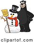 Vector Illustration of a Cartoon Black Bear School Mascot with a Christmas Snowman by Mascot Junction