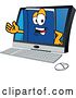 Vector Illustration of a Cartoon Blue Book Mascot Emerging from a Desktop Computer Screen by Toons4Biz