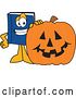 Vector Illustration of a Cartoon Blue Book Mascot with a Halloween Jackolantern Pumpkin by Mascot Junction