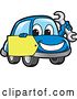 Vector Illustration of a Cartoon Blue Car Mascot Holding a Wrench and a Tag by Mascot Junction