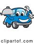 Vector Illustration of a Cartoon Blue Car Mascot Holding a Wrench and Cloche Platter by Mascot Junction