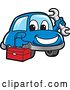 Vector Illustration of a Cartoon Blue Car Mascot Holding a Wrench and Tool Box by Mascot Junction