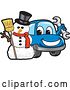 Vector Illustration of a Cartoon Blue Car Mascot Holding a Wrench by a Christmas Snowman by Mascot Junction