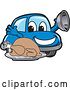 Vector Illustration of a Cartoon Blue Car Mascot Serving a Roasted Thanksgiving Turkey by Mascot Junction