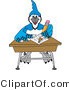Vector Illustration of a Cartoon Blue Jay Mascot Doing Homework at a Desk by Mascot Junction