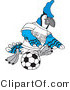 Vector Illustration of a Cartoon Blue Jay Mascot Kicking a Soccer Ball by Mascot Junction