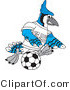 Vector Illustration of a Cartoon Blue Jay Mascot Playing Soccer by Mascot Junction