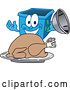 Vector Illustration of a Cartoon Blue Recycle Bin Mascot Serving a Roasted Thanksgiving Turkey by Mascot Junction