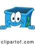 Vector Illustration of a Cartoon Blue Recycle Bin Mascot Smiling over a Sign by Mascot Junction