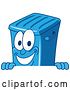 Vector Illustration of a Cartoon Blue Rolling Trash Can Bin Mascot Smiling over a Sign by Mascot Junction