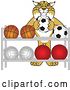 Vector Illustration of a Cartoon Bobcat Mascot Putting a Soccer Ball Back on a Rack, Symbolizing Respect by Toons4Biz