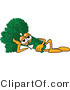 Vector Illustration of a Cartoon Broccoli Mascot Resting His Head on His Hand While Lying down on His Side by Mascot Junction