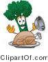 Vector Illustration of a Cartoon Broccoli Mascot Serving a Cooked Thanksgiving Turkey in a Platter by Mascot Junction