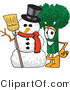 Vector Illustration of a Cartoon Broccoli Mascot Standing by a Snowman by Mascot Junction