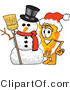 Vector Illustration of a Cartoon Cheese Mascot Wearing a Santa Hat and Standing Beside a Snowman on Christmas by Toons4Biz