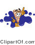 Vector Illustration of a Cartoon Cheese Pizza Mascot Pointing Upwards and Standing in Front of a Blue Paint Splatter on a Business Logo by Mascot Junction
