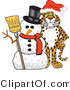 Vector Illustration of a Cartoon Cheetah Mascot with a Snowman by Mascot Junction