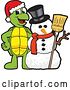 Vector Illustration of a Cartoon Christmas Turtle Mascot with a Winter Snowman by Mascot Junction
