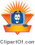 Vector Illustration of a Cartoon Computer Mascot Logo Showing the Monitor Smiling over an Orange and Yellow Banner Against a Sunburst by Mascot Junction