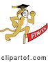Vector Illustration of a Cartoon Determined Bobcat Mascot Graduate Running to a Finish Line by Mascot Junction