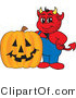 Vector Illustration of a Cartoon Devil Mascot and Halloween Pumpkin by Mascot Junction